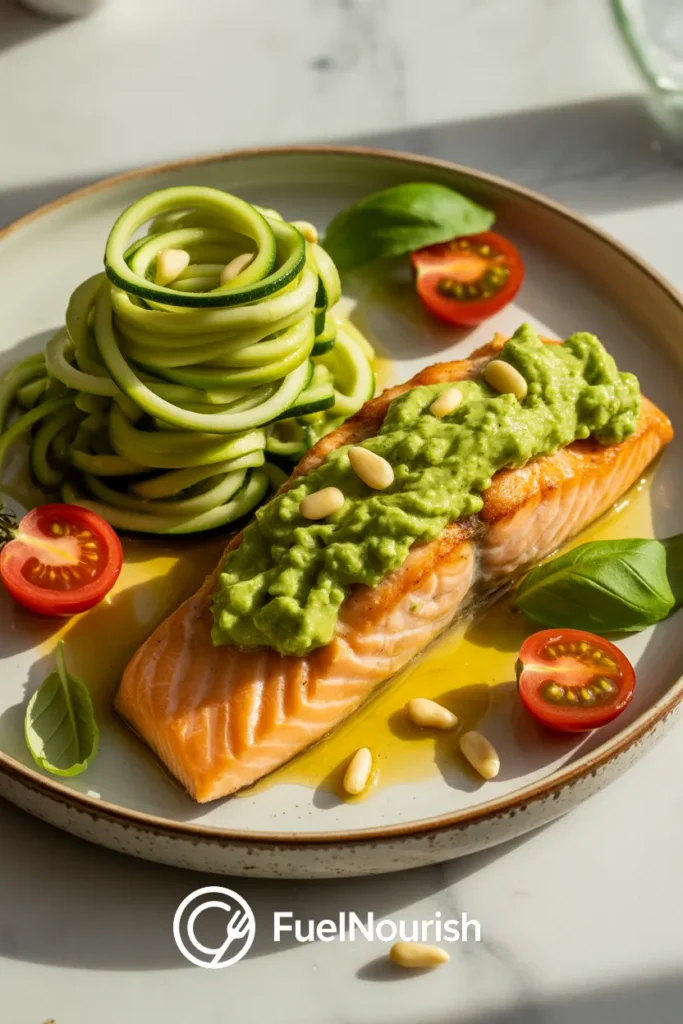 Avocado Pesto Salmon with Zoodles