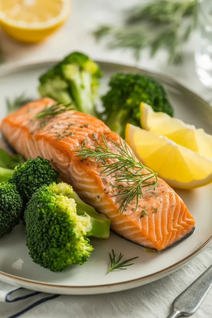 Lemon Dill Salmon with Steamed Broccoli