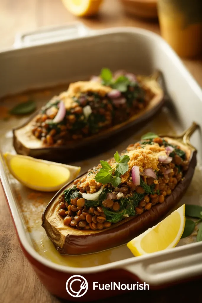 Lentil & Spinach Stuffed Eggplant