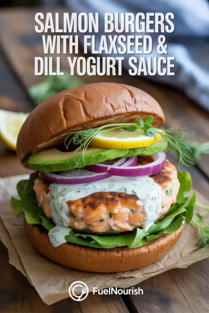 Salmon Burgers with Flaxseed & Dill Yogurt Sauce