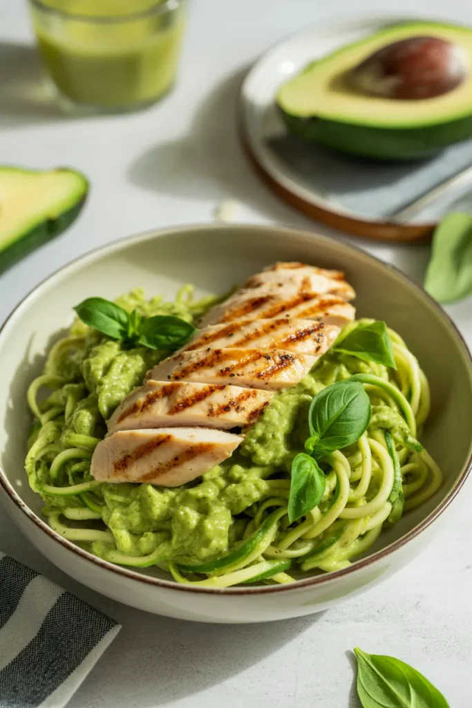 Zucchini Noodle Avocado Pesto with Grilled Chicken