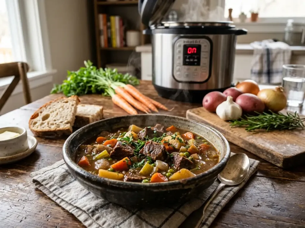 Beef and veggie stew in bowl
