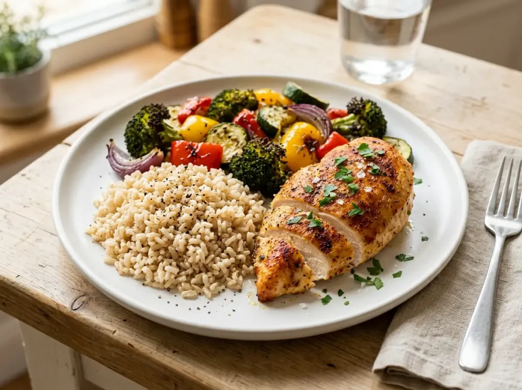 Baked chicken, brown rice, roasted vegetables