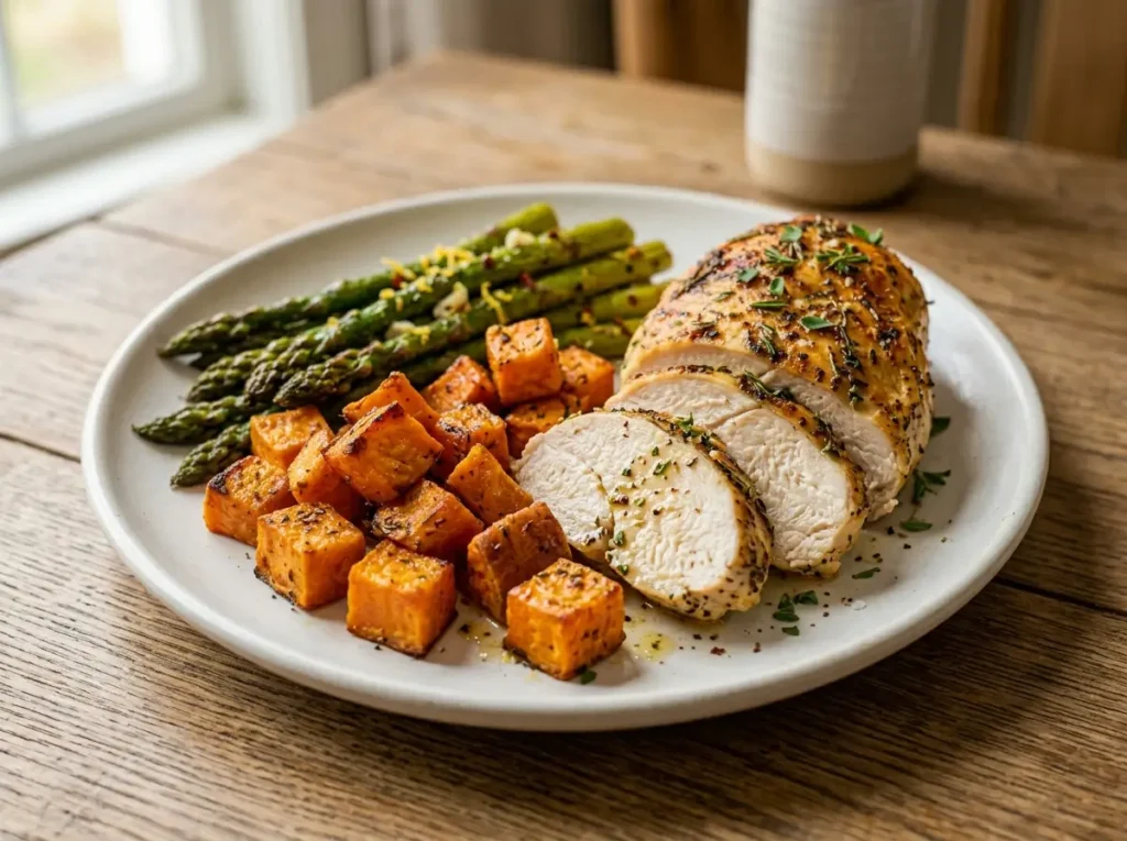 Baked chicken with roasted sweet potatoes and asparagus