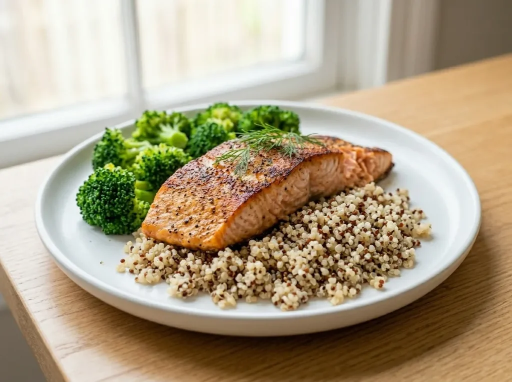 Baked salmon, quinoa, steamed broccoli