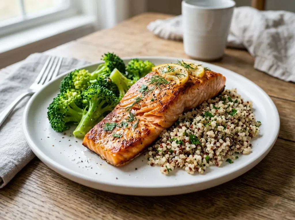 Baked salmon with quinoa and steamed broccoli