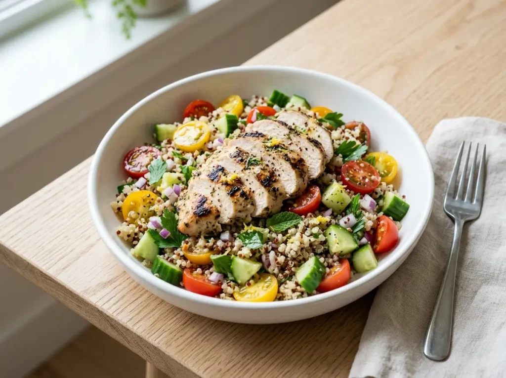 Chicken quinoa salad with cucumbers and lemon dressing