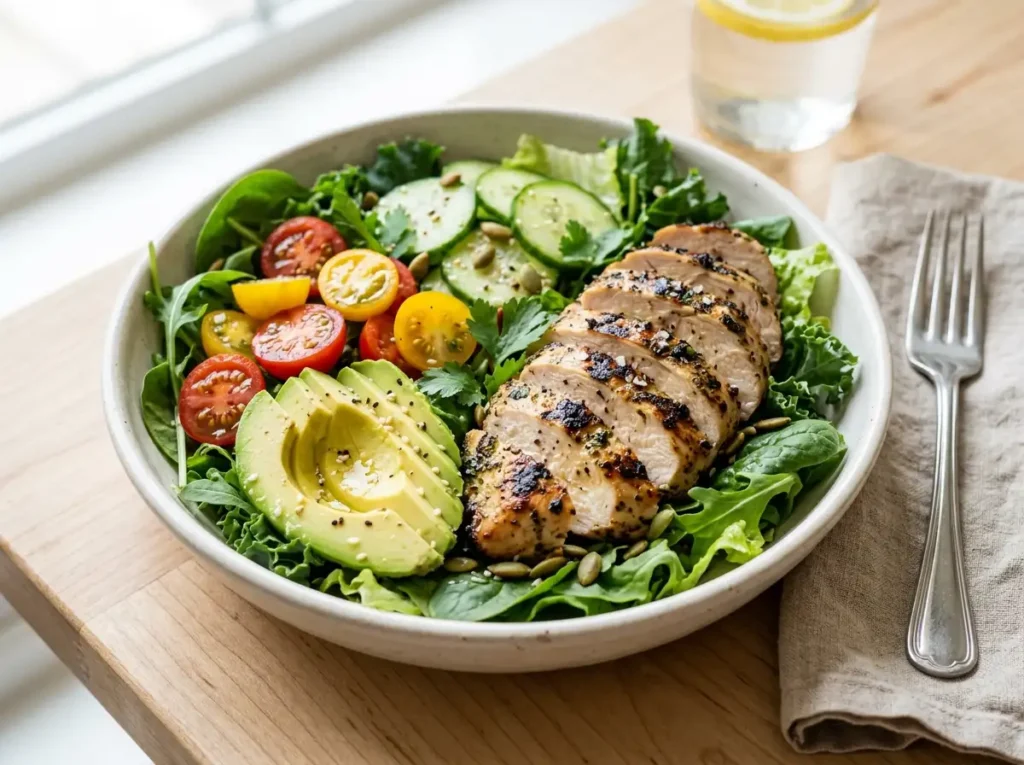 Chicken salad with avocado and mixed greens