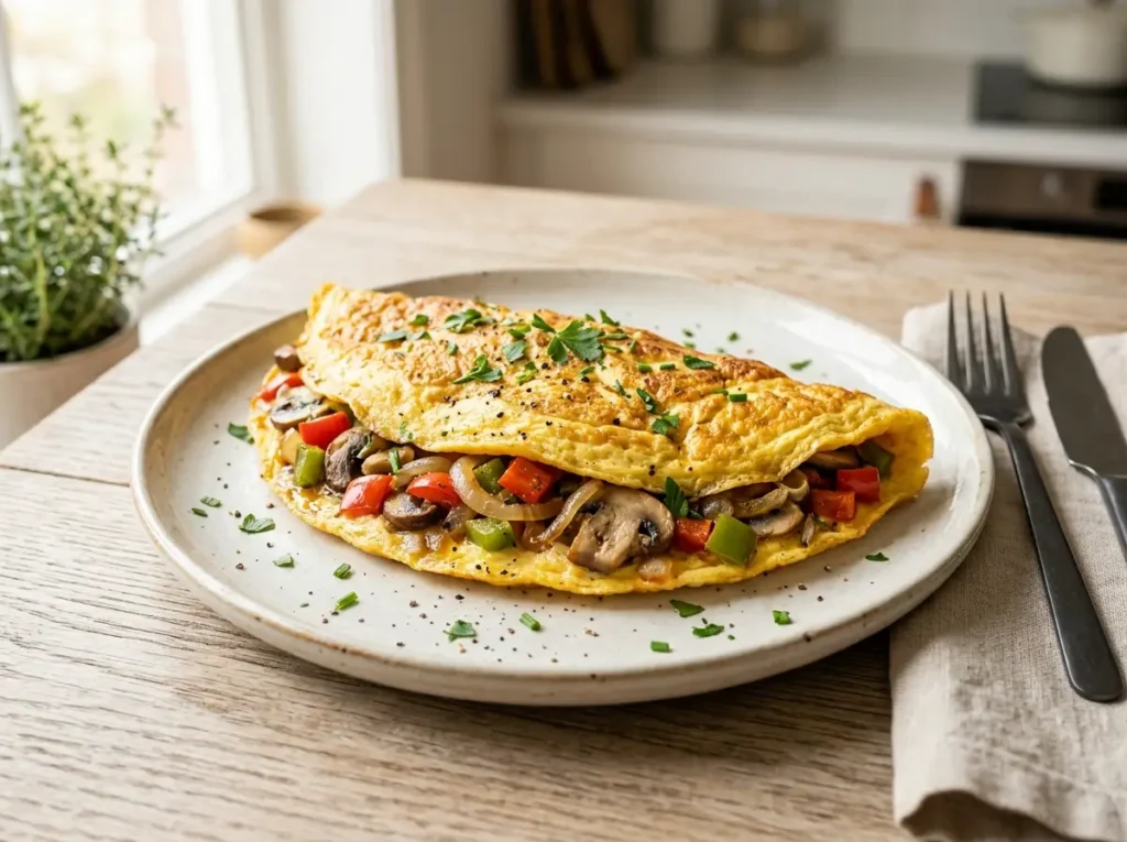Egg omelet with mushrooms, peppers, and onions