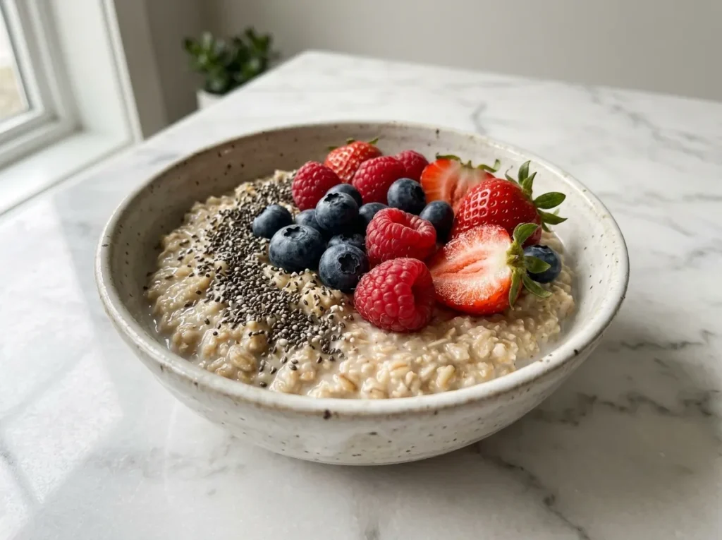 Gluten free oatmeal with berries and chia seeds