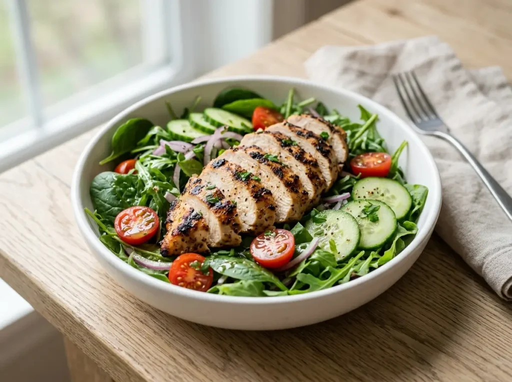 Grilled chicken salad with mixed greens, cucumbers, olive oil dressing