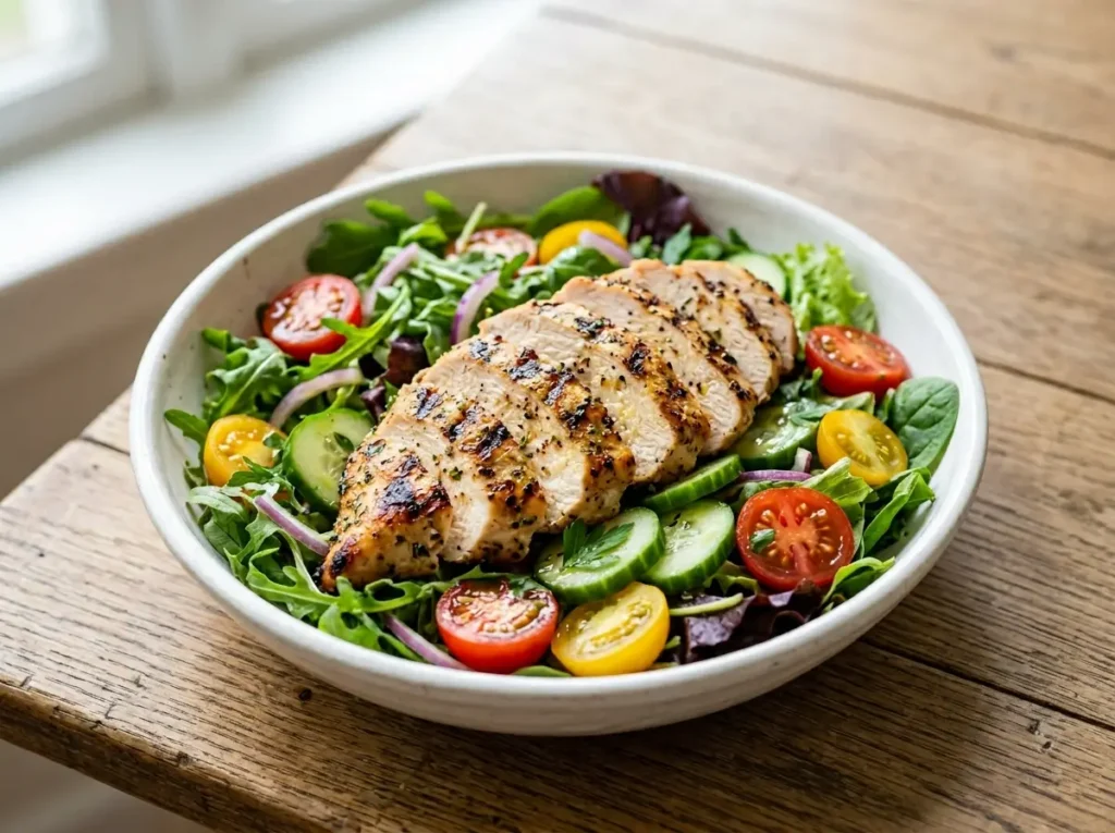 Grilled chicken salad with olive oil dressing
