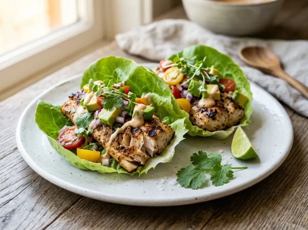 Grilled fish tacos (lettuce wraps, no dairy)