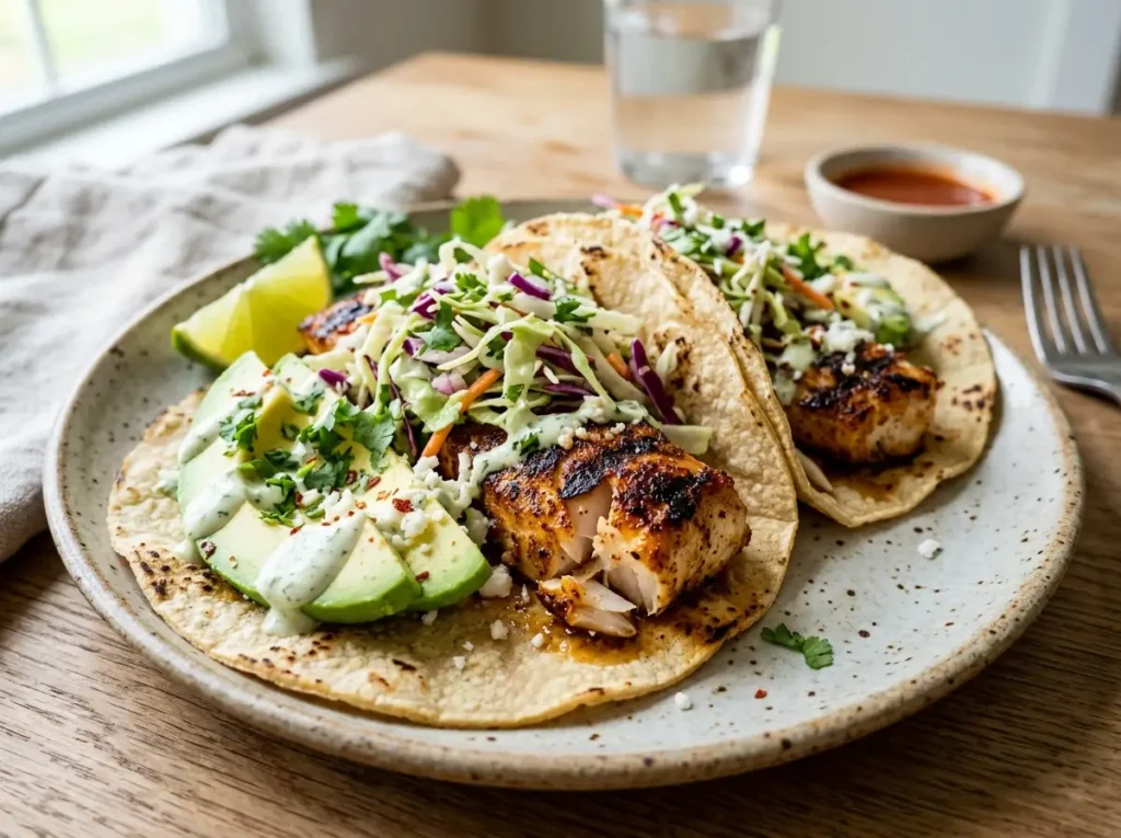 Grilled fish tacos with corn tortillas and cabbage slaw