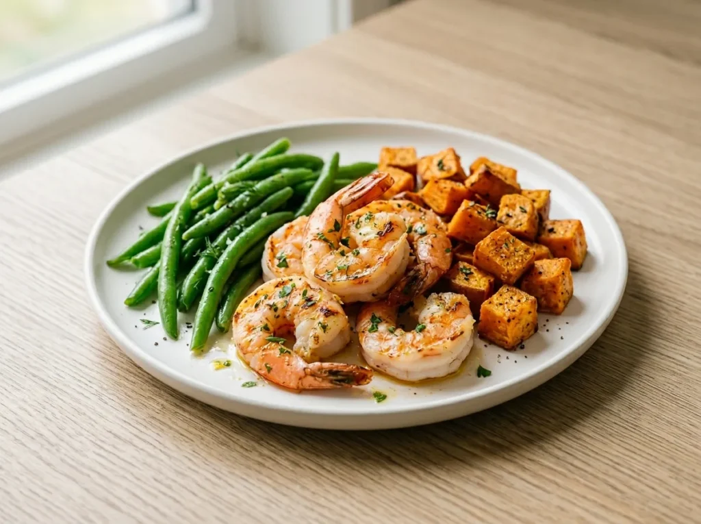 Grilled shrimp, sweet potato, green beans
