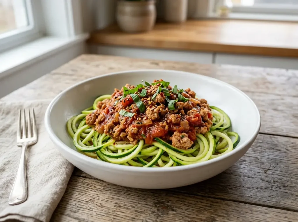 Ground turkey with zucchini noodles and tomato sauce