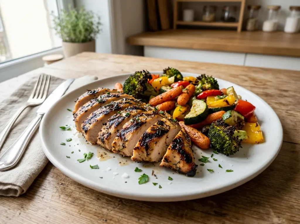 Leftover grilled chicken with roasted vegetables