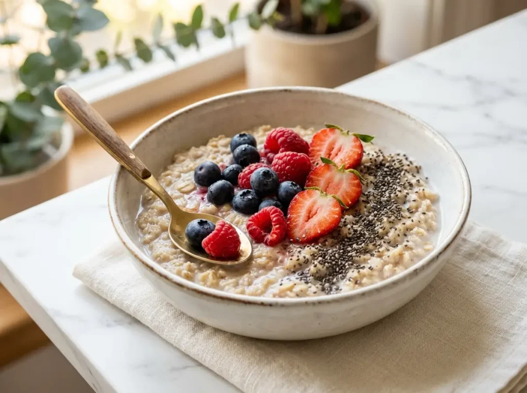 Oatmeal with Almond Milk, Berries, and Chia Seeds