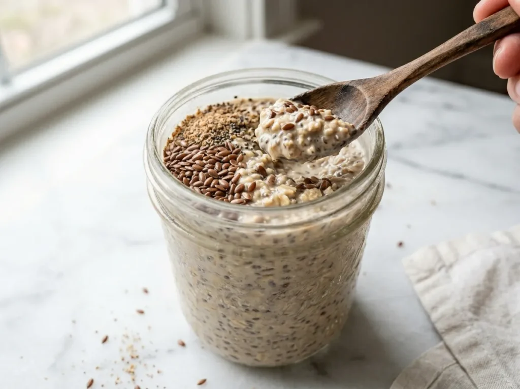 Overnight oats with almond milk and flax seeds