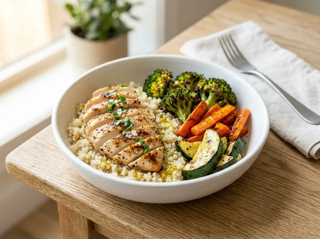 Quinoa bowl with grilled chicken, roasted veggies, and olive oil