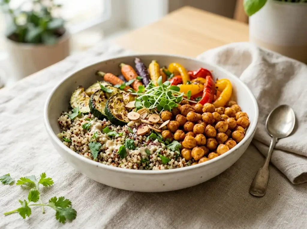 Quinoa bowl with roasted vegetables and chickpeas
