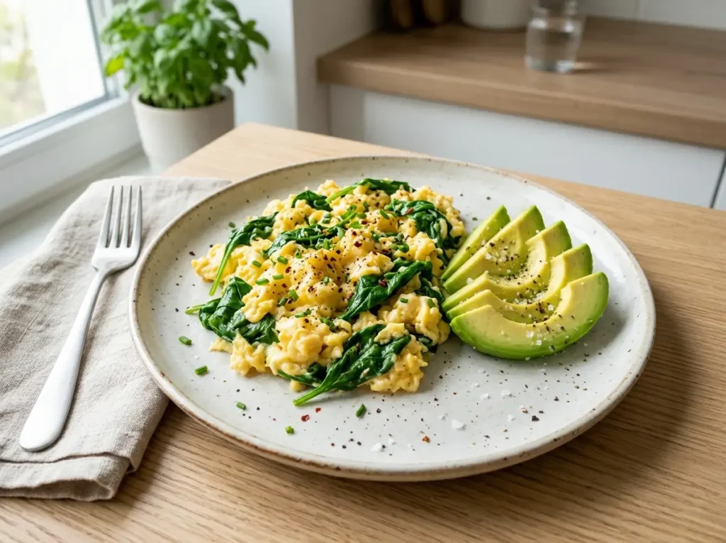 Scrambled eggs with spinach and avocado
