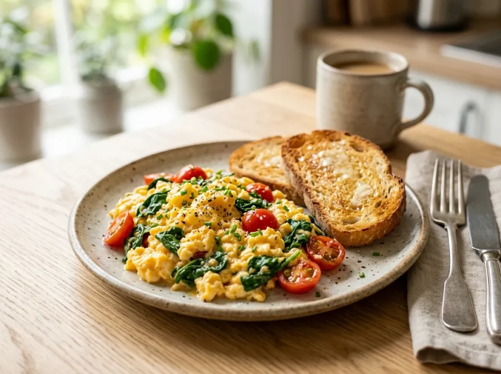 Scrambled eggs with spinach and tomatoes + Gluten free toast