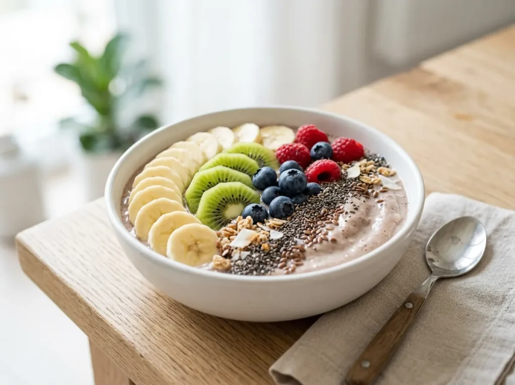 Smoothie bowl with almond milk and fruit