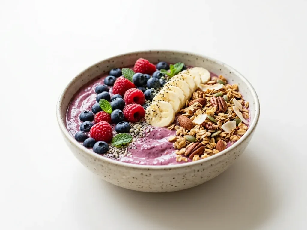 Smoothie bowl with berries, banana, and Gluten free granola