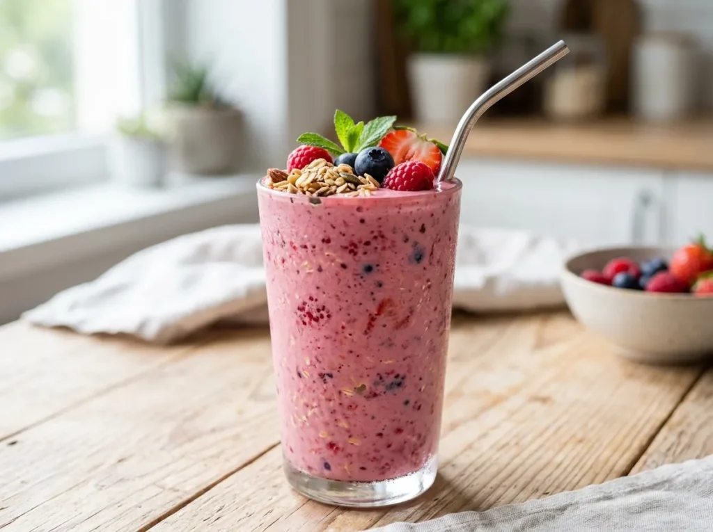 Smoothie with almond milk, berries, and oats