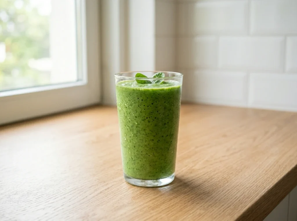 Smoothie with almond milk, spinach, banana, protein powder