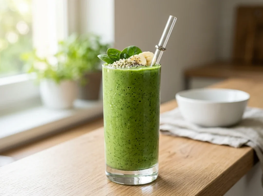 Smoothie with spinach, banana, protein powder, and almond milk