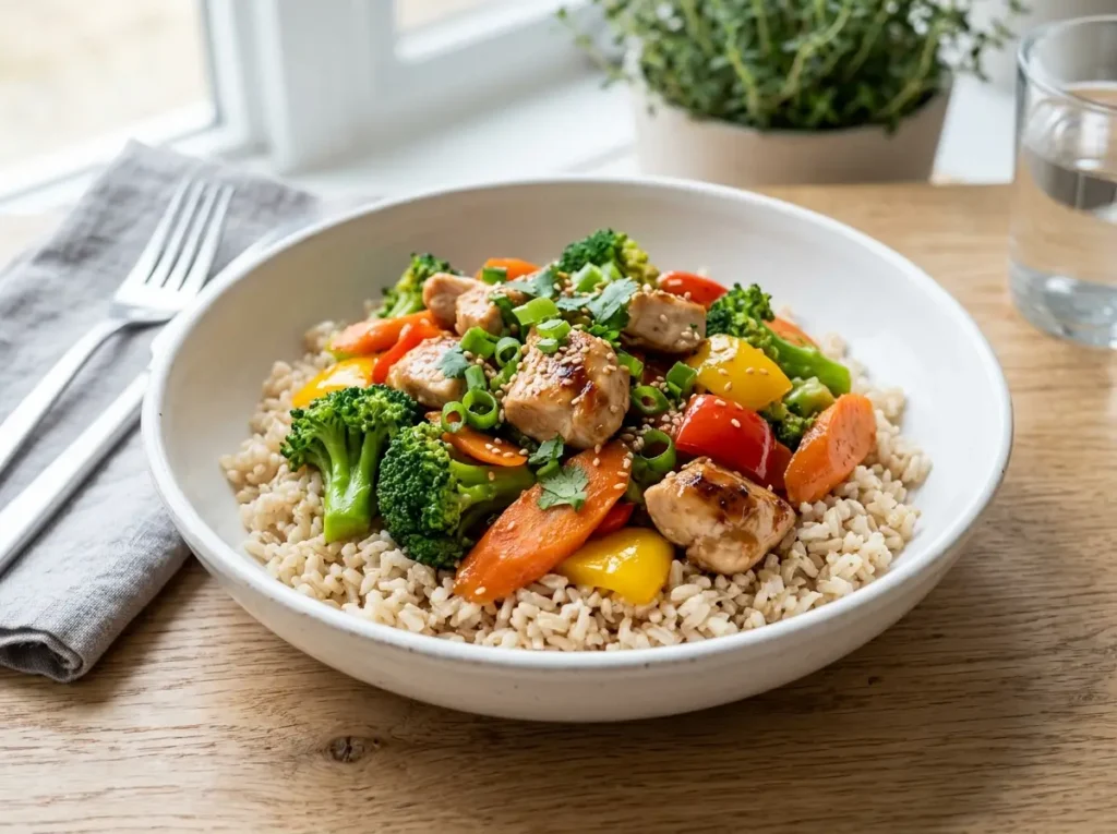 Stir-fried chicken with brown rice and mixed vegetables