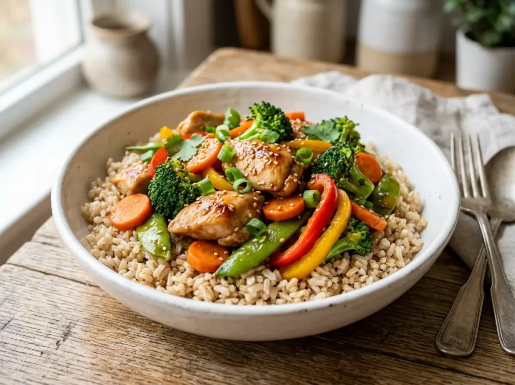 Stir-fried chicken with vegetables and brown rice