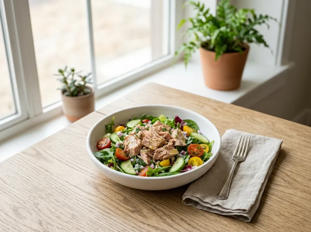 Tuna salad with olive oil and mixed greens