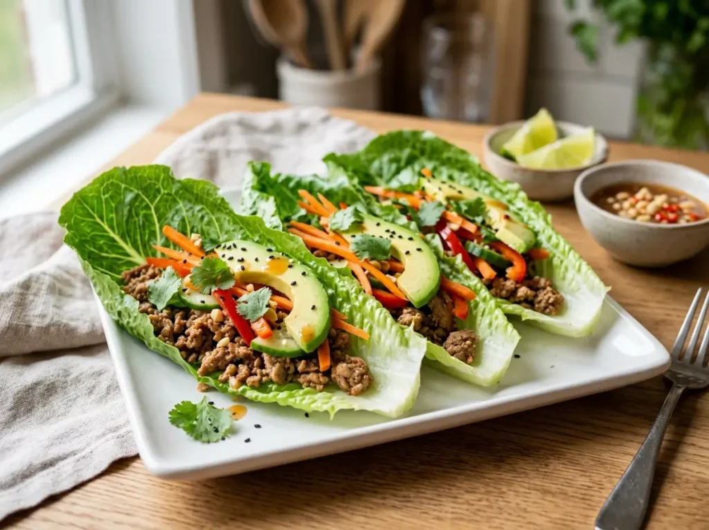 Turkey lettuce wraps with avocado and veggies