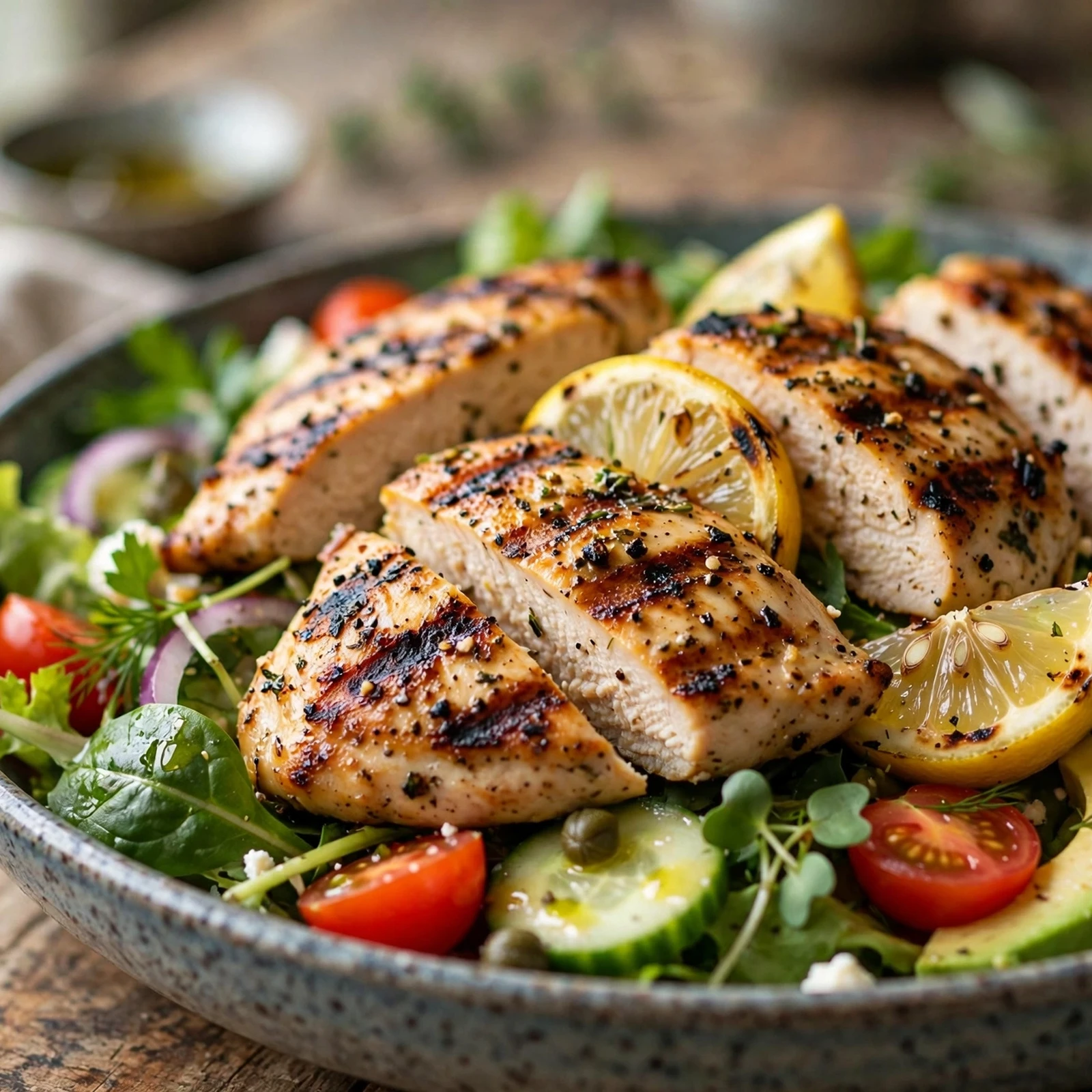 20 Healthy 21 Day Fix Salad Recipes for Summer (Cool & Container-Friendly): 1. Grilled Lemon Chicken Garden Salad
