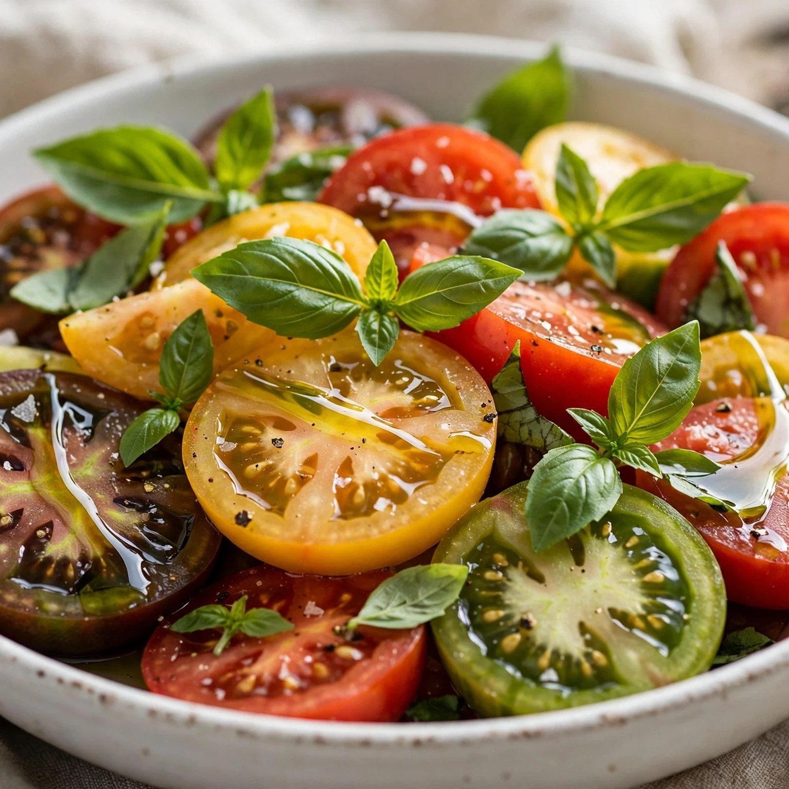 10 Anti-Inflammatory Tomato Recipes at Peak Season: 1. Heirloom Tomato and Fresh Basil Summer Salad