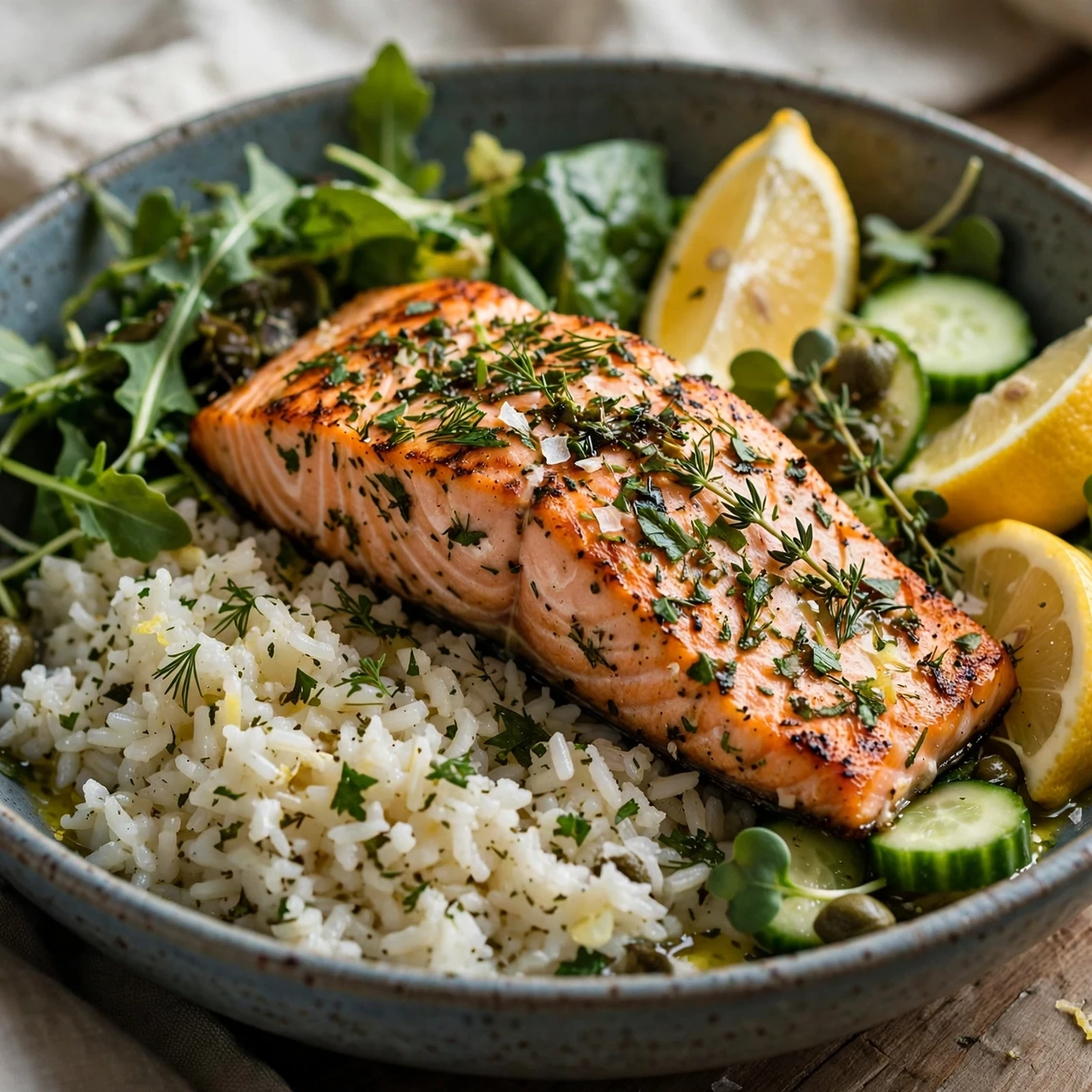 15 Anti-Inflammatory Summer Bowls with Grains, Veggies & Protein: 2. Lemon Herb Salmon Bowl