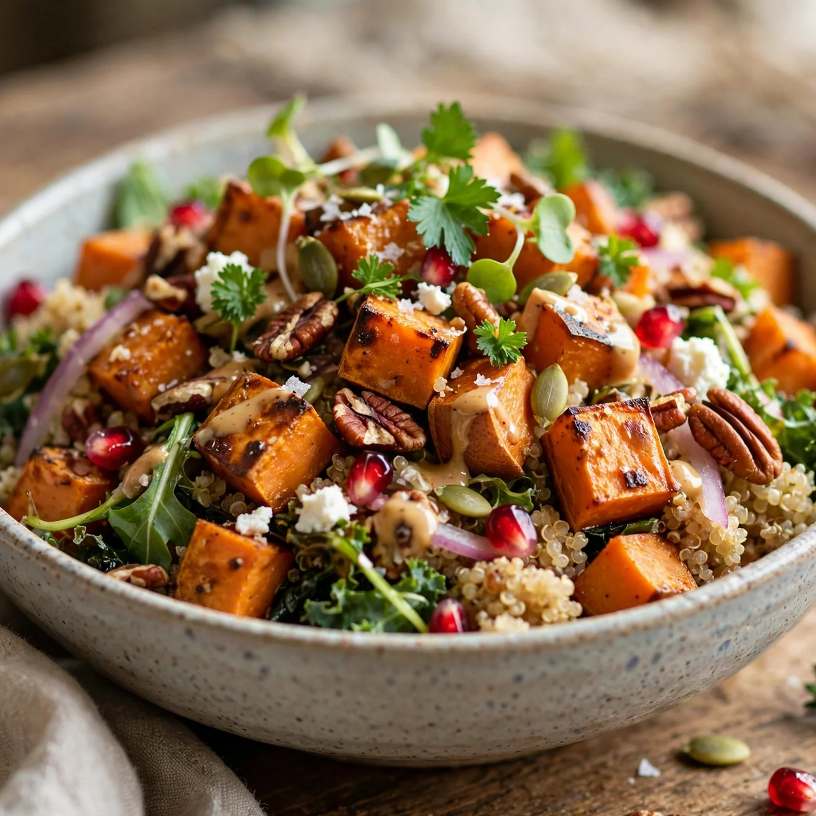 20 Fall Anti-Inflammatory Harvest Bowls with Root Vegetables: 1. Maple Roasted Sweet Potato & Quinoa Harvest Bowl
