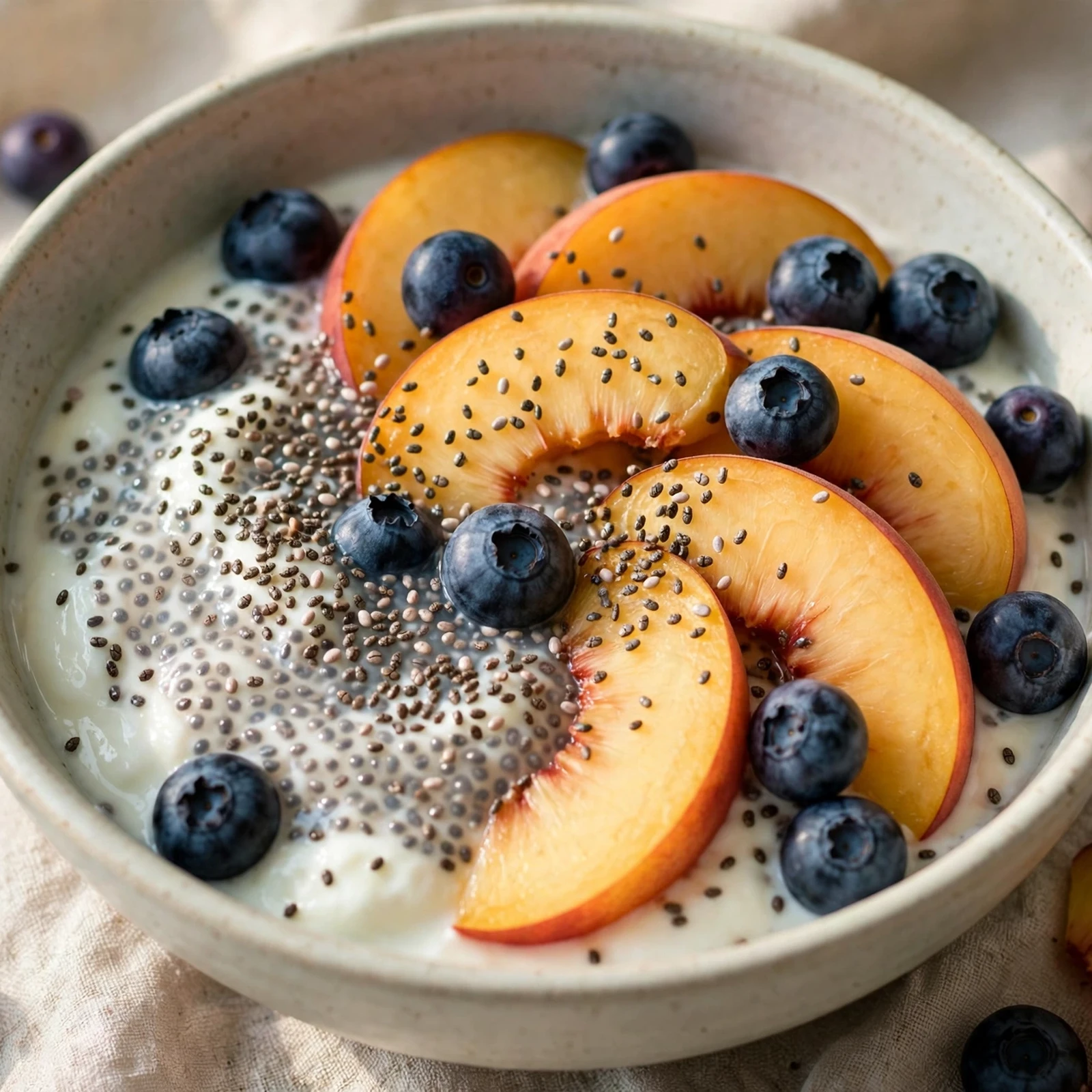 12 Anti-Inflammatory Peach And Plum Recipes for Late Summer: 1. Peach Blueberry Chia Breakfast Bowl