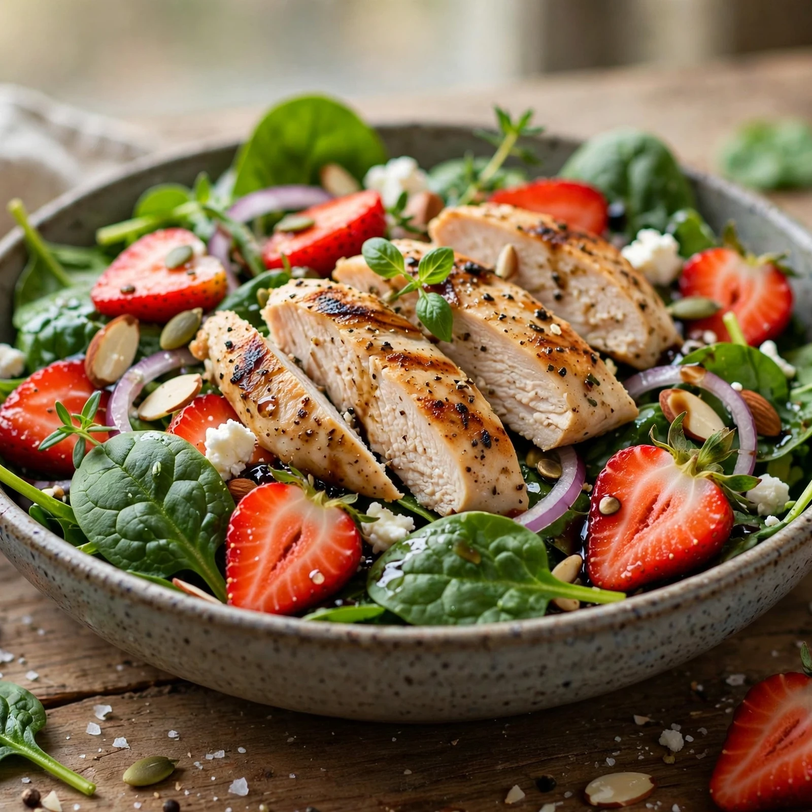 20 Healthy 21 Day Fix Salad Recipes for Summer (Cool & Container-Friendly): 2. Strawberry Spinach Chicken Salad