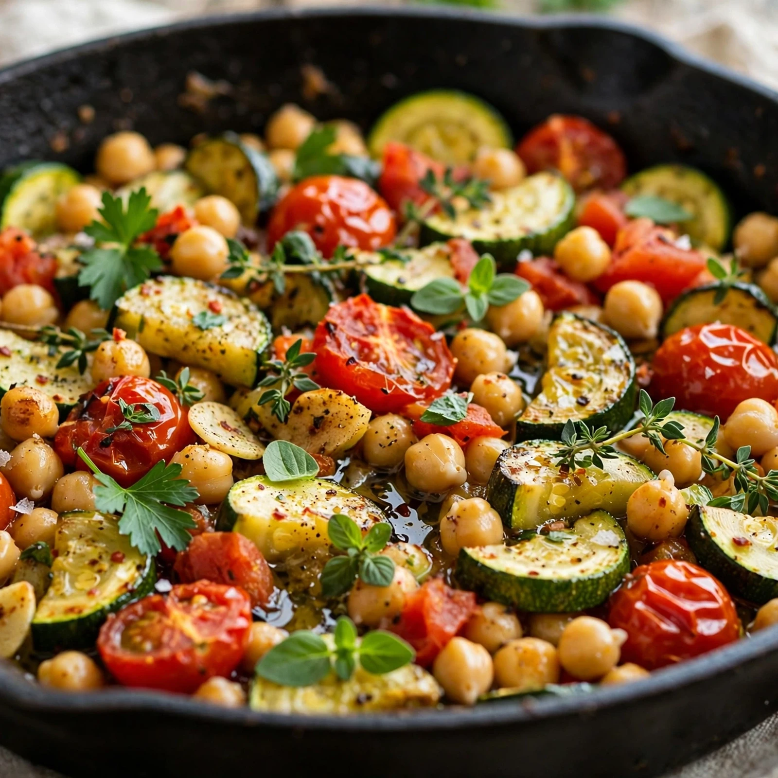 12 Anti-Inflammatory Zucchini And Summer Squash Recipes: 2. Mediterranean Zucchini Skillet with Chickpeas & Tomatoes