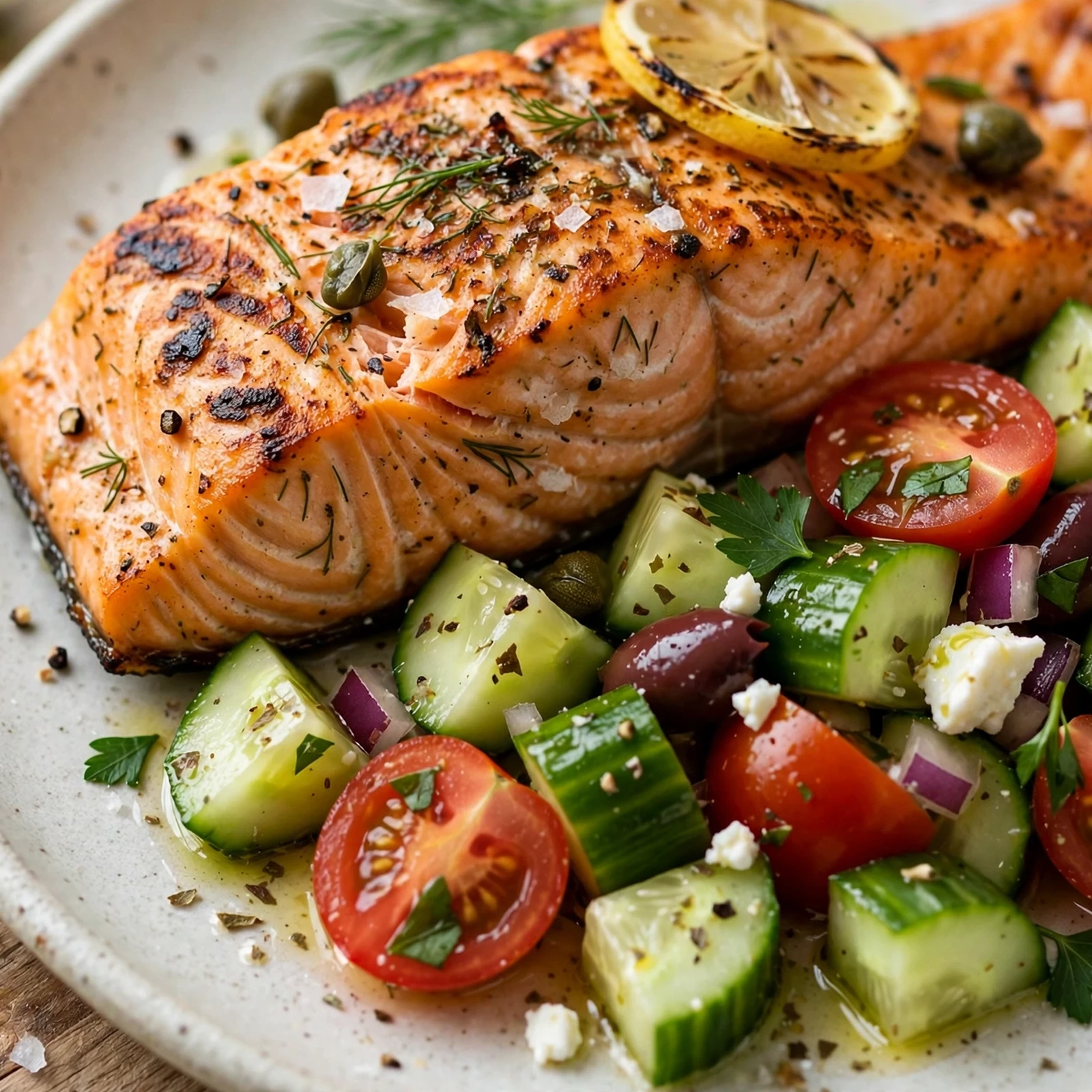 10 Anti-Inflammatory Grilled Salmon And Chicken Recipes for Summer: 3. Mediterranean Grilled Salmon with Tomato Cucumber Salad
