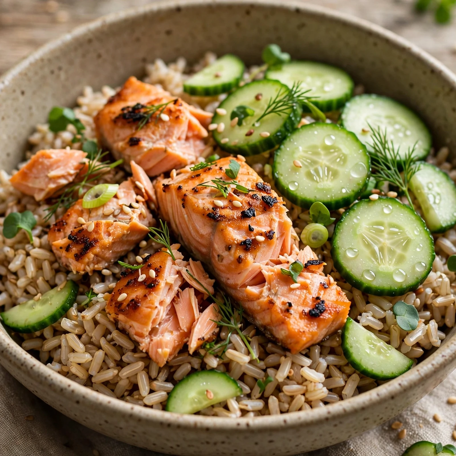 10 Summer Anti-Inflammatory Back-to-School Lunch Ideas: 4. Salmon Cucumber Brown Rice Bowl