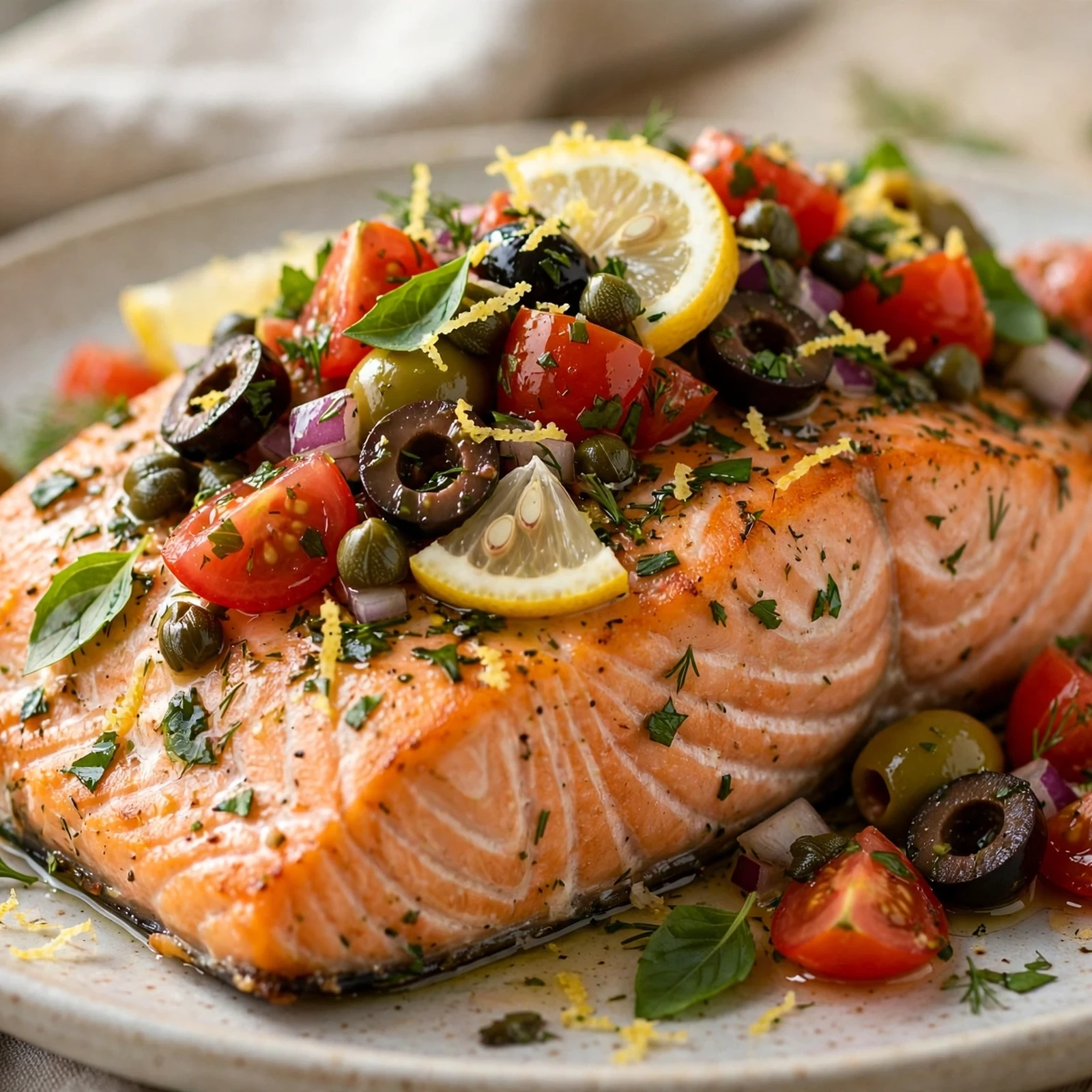 10 Anti-Inflammatory Tomato Recipes at Peak Season: 5. Baked Salmon with Tomato Olive Relish