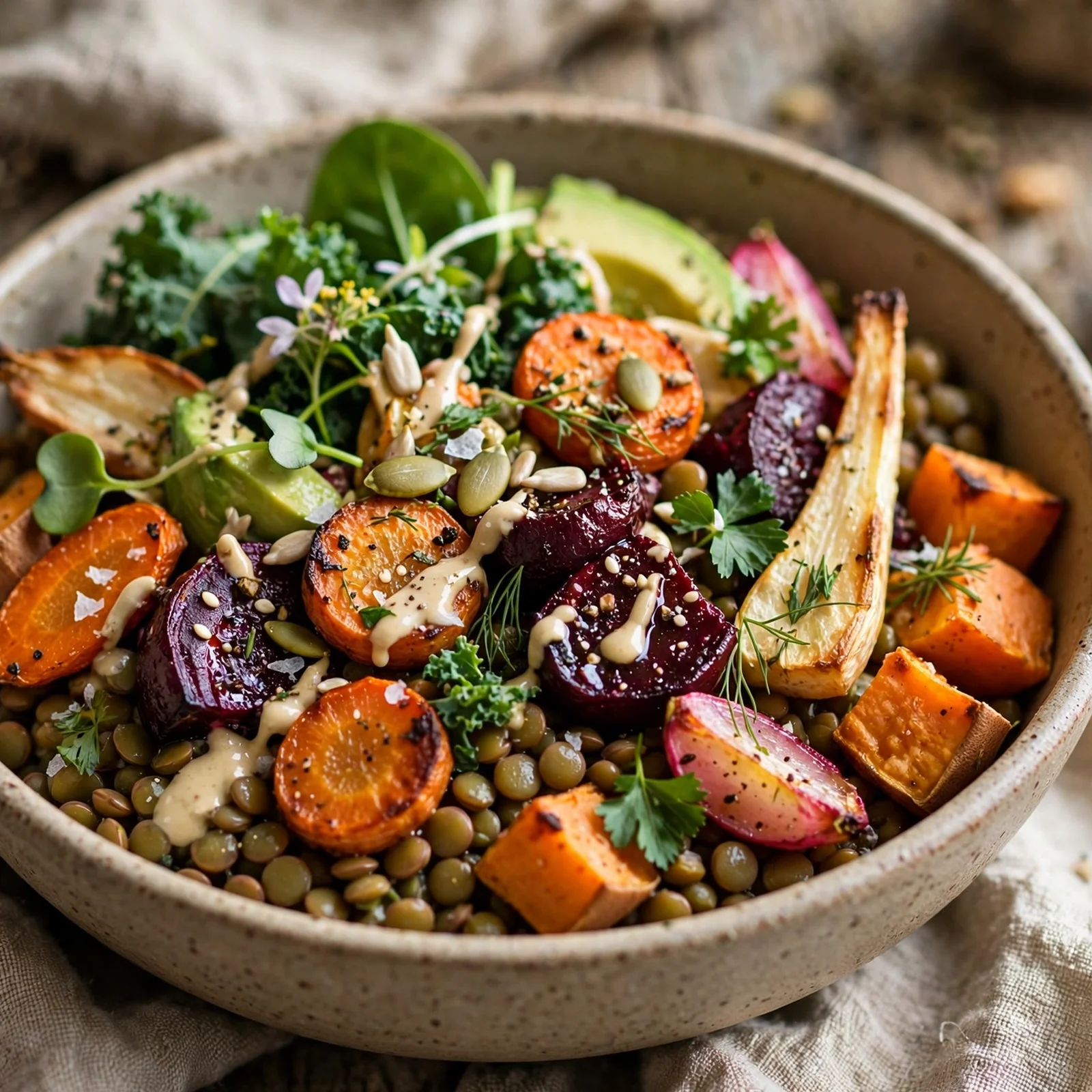 20 Fall Anti-Inflammatory Harvest Bowls with Root Vegetables: 5. Lentil & Root Vegetable Power Bowl