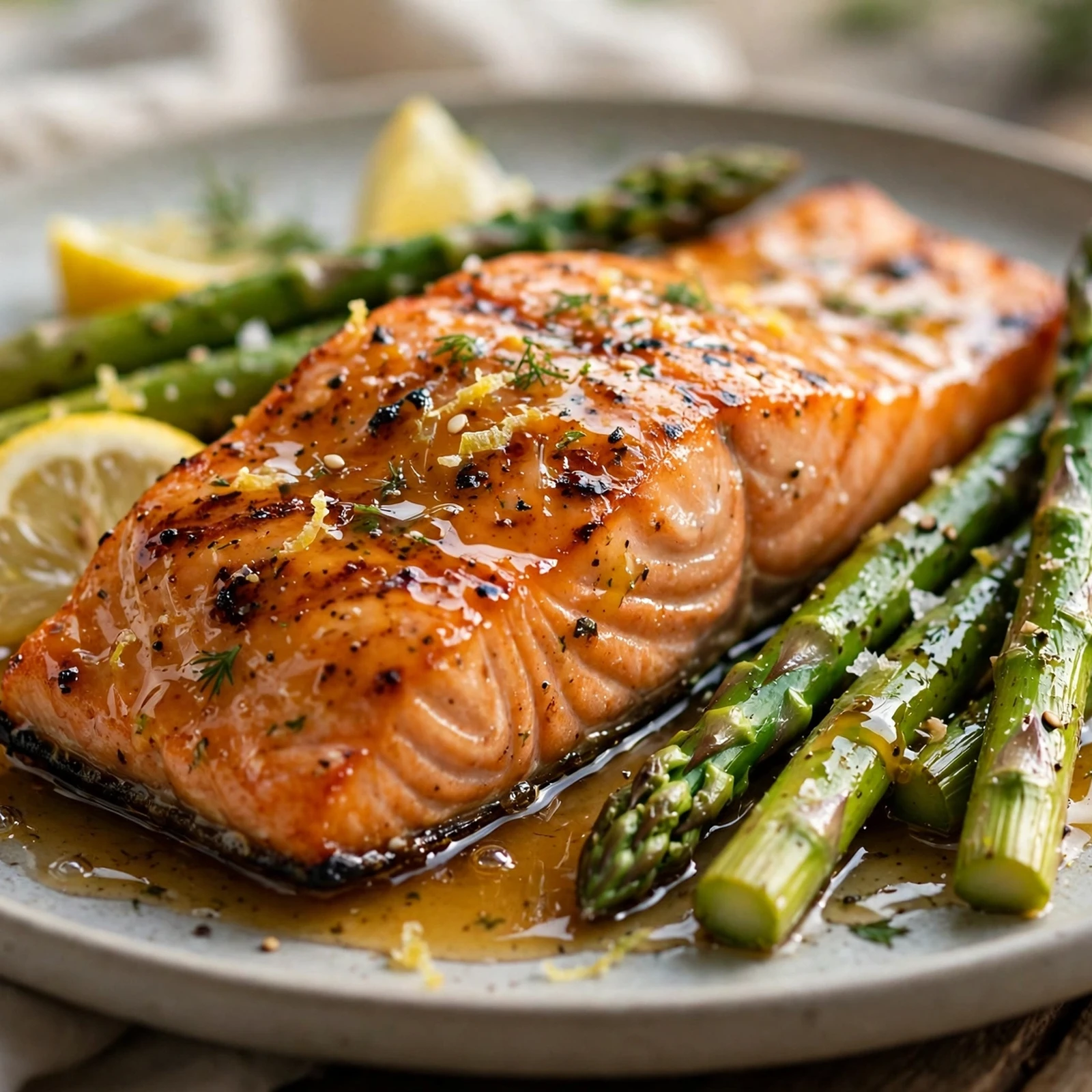 10 Anti-Inflammatory Grilled Salmon And Chicken Recipes for Summer: 5. Honey Lemon Grilled Salmon with Asparagus
