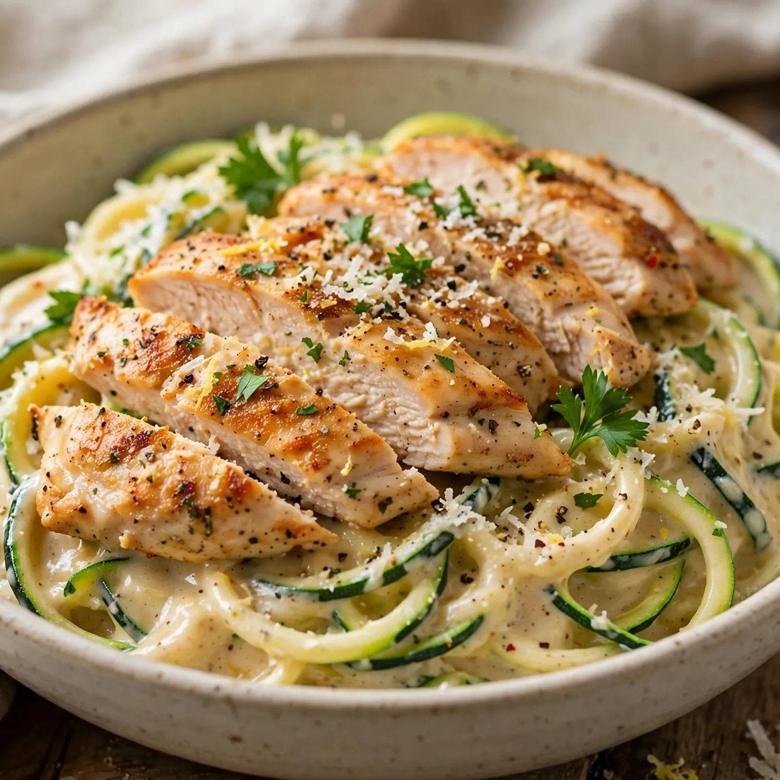15 Creamy 21 Day Fix Chicken Alfredo Recipes That Feel Like Cheating: 6. Zucchini Noodle Chicken Alfredo