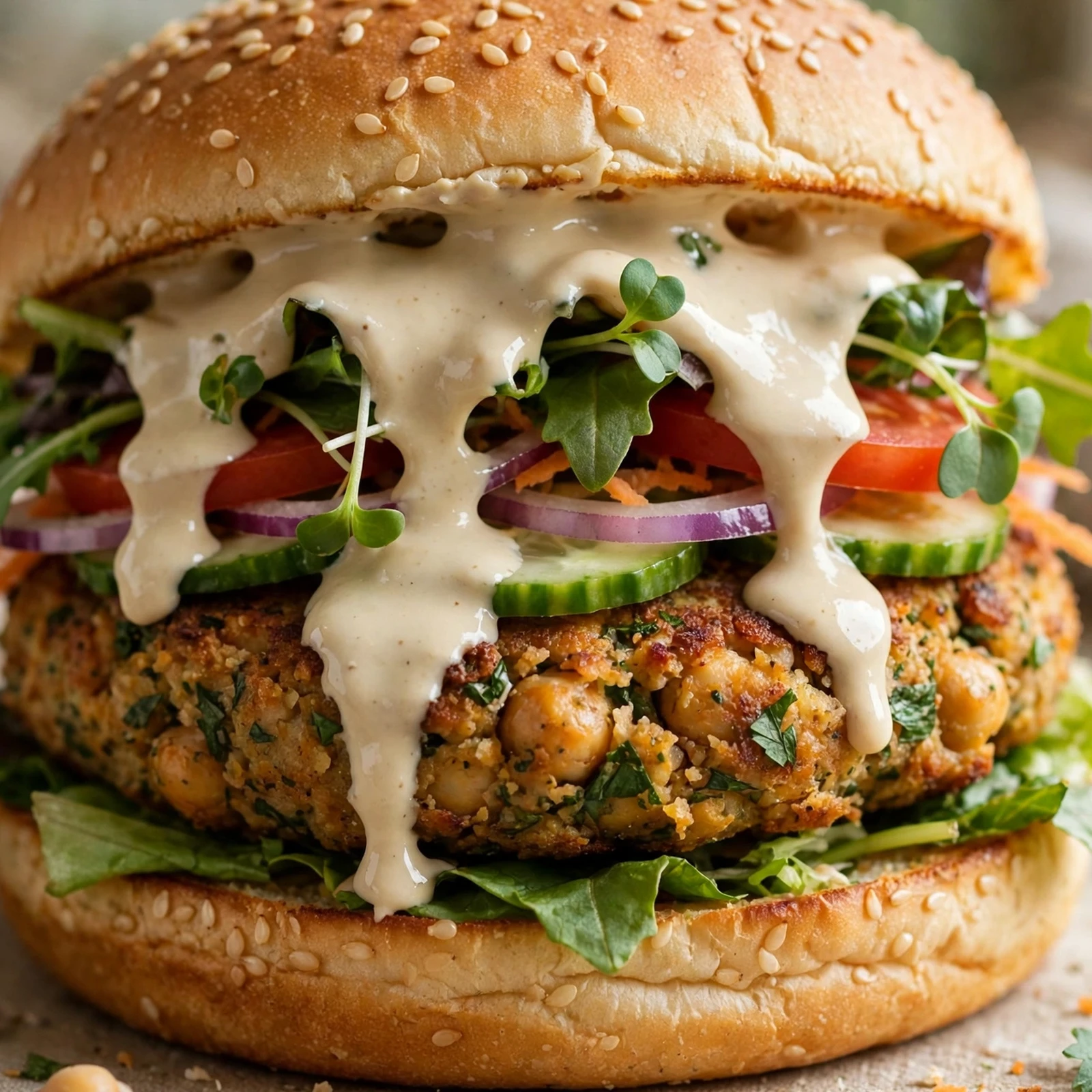 10 Anti-Inflammatory Summer Burgers and Wraps Packed With Fresh Flavor: 7. Chickpea Veggie Burger with Creamy Tahini Sauce